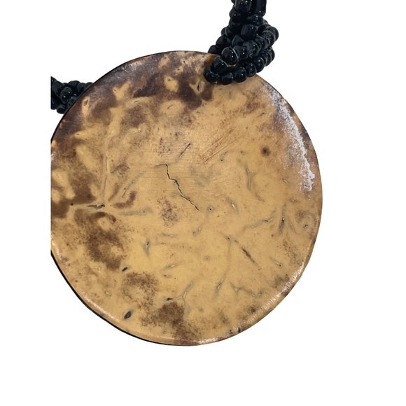 Abalone Medallion Shell Necklace Mother of Pearl Black Beads 18” Round Flower - Picture 10 of 16